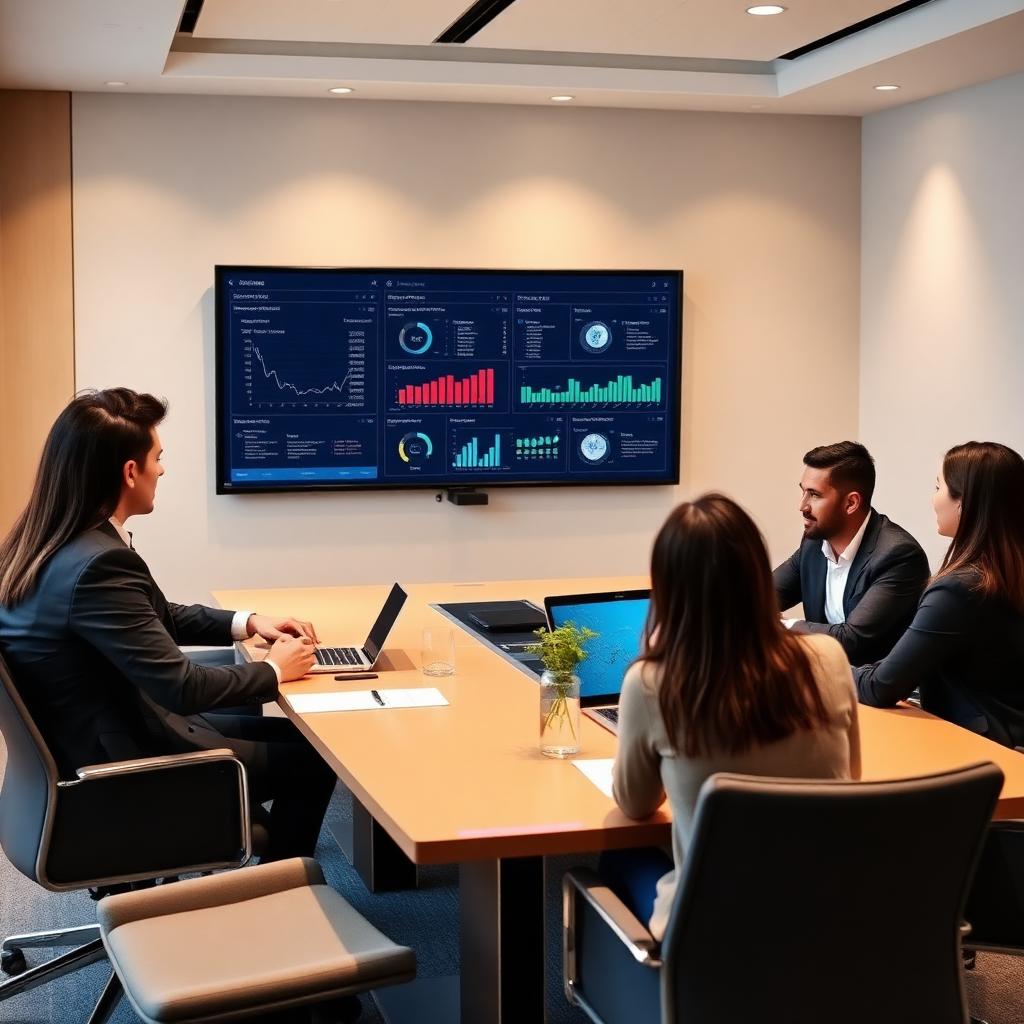 Boardroom meeting reviewing dashboards