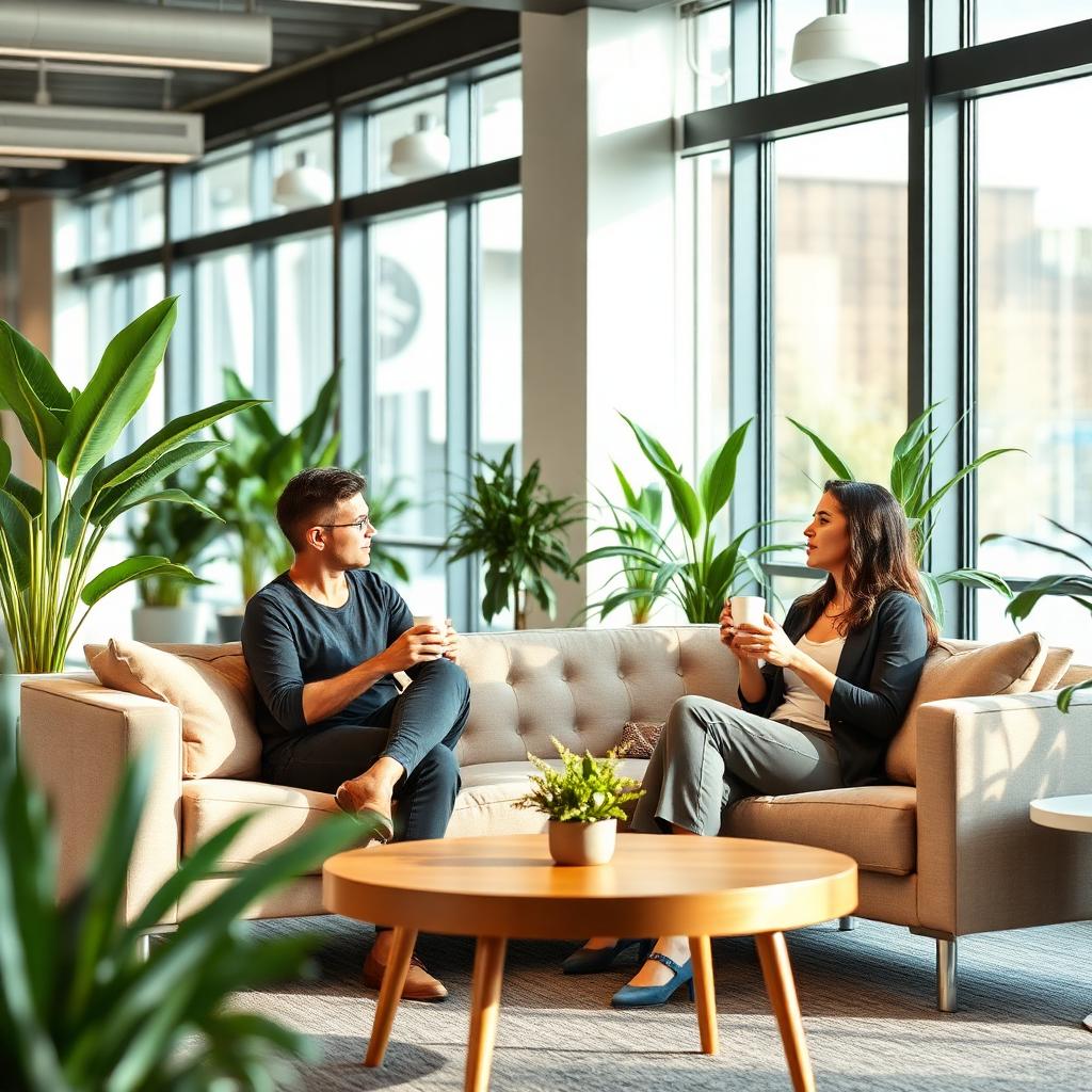 Colleagues discussing strategy in a modern office lounge